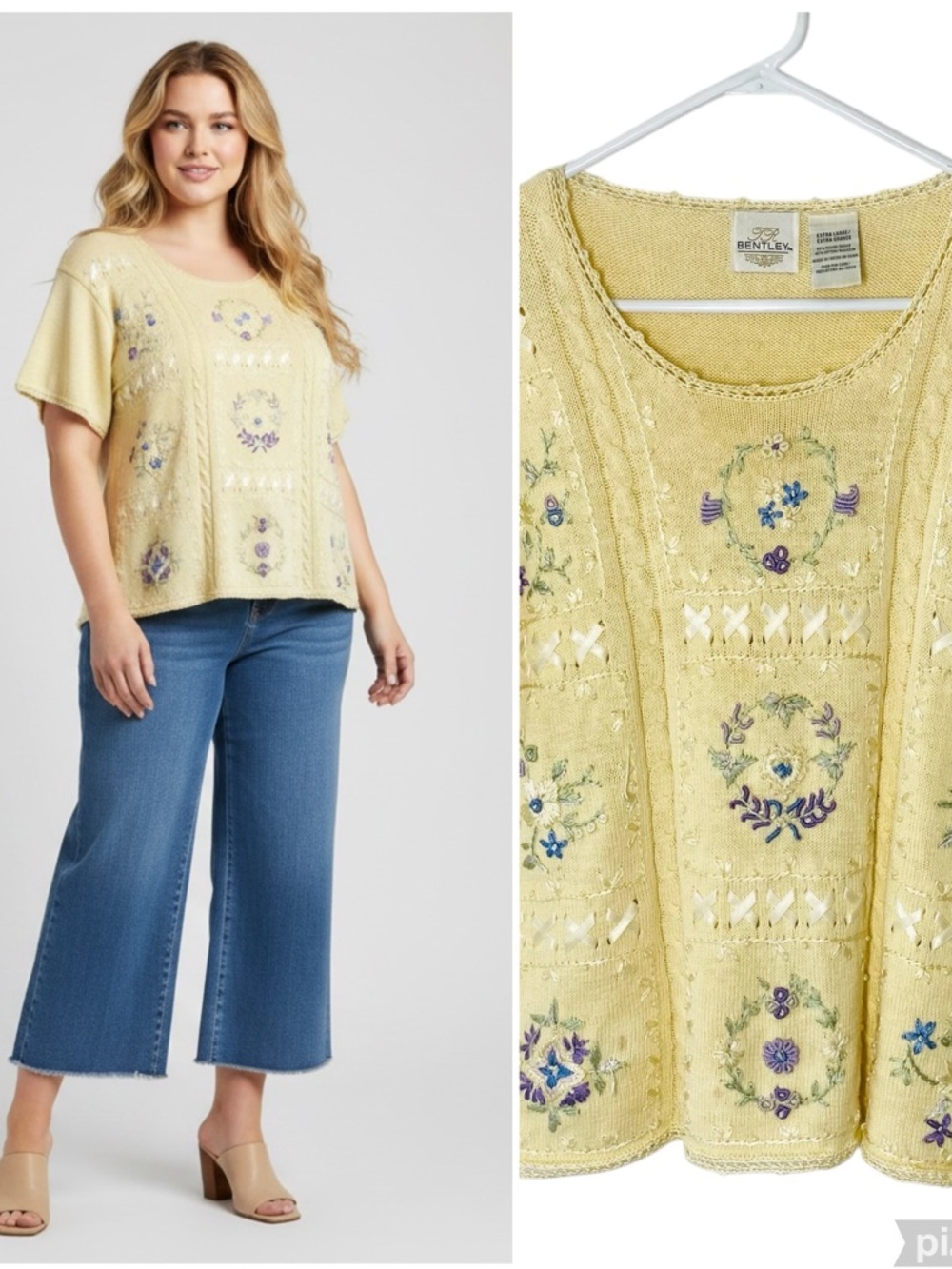 VINTAGE JR BENTLEY Floral Embroidered Short Sleeve Sweater